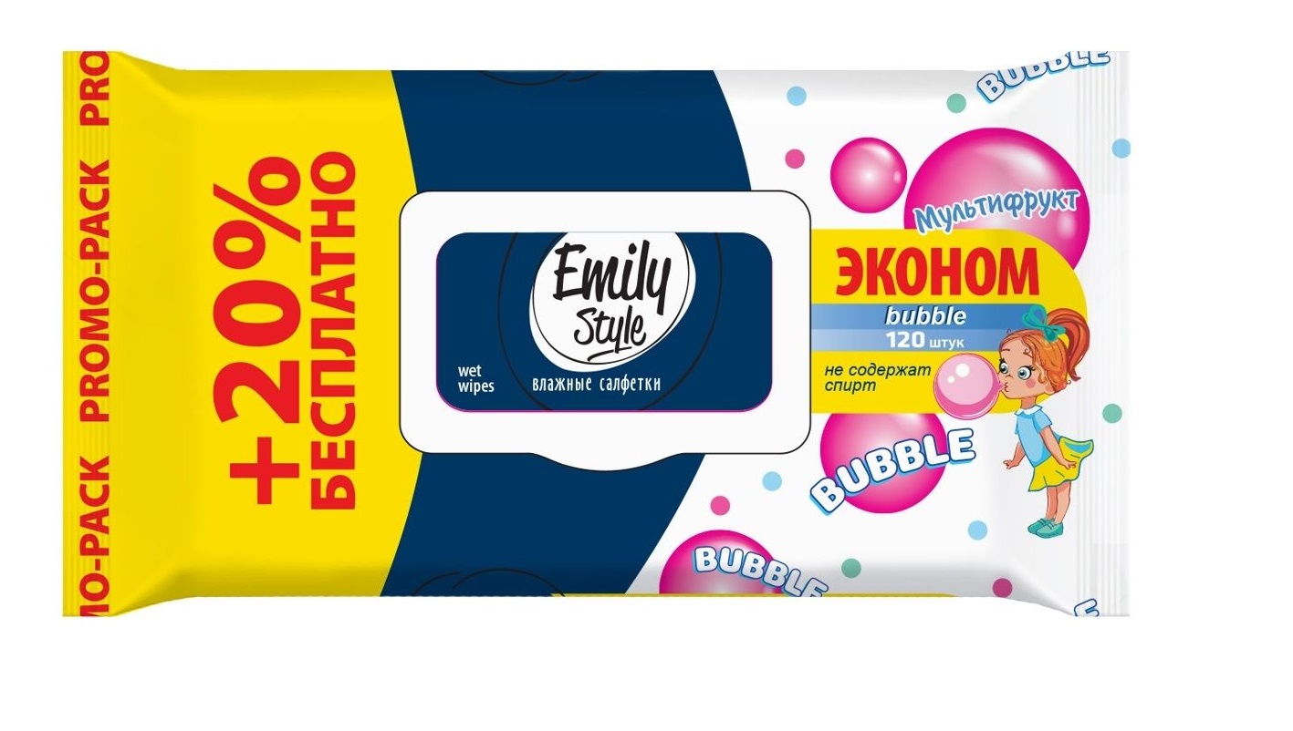 Салфетки влажные Emily Style BUBBLE FRESH ЭКОНОМ упаковка с клапаном 100+20шт